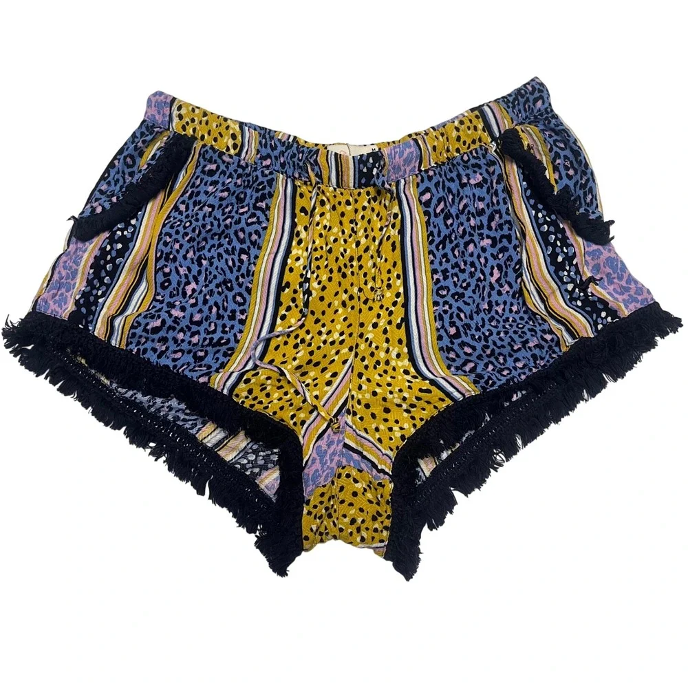 Peter Alexander Mixed Animal Print Pajama Shorts Blue Yellow Fringe Medium
